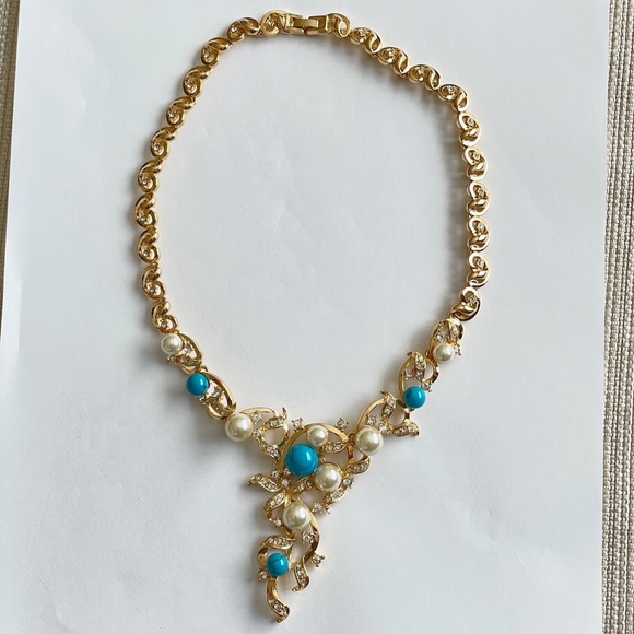 Natural Turquoise Rhinestone Faux Pearl Gold Colour Necklace, Bracelet, Earrings - Picture 2 of 7